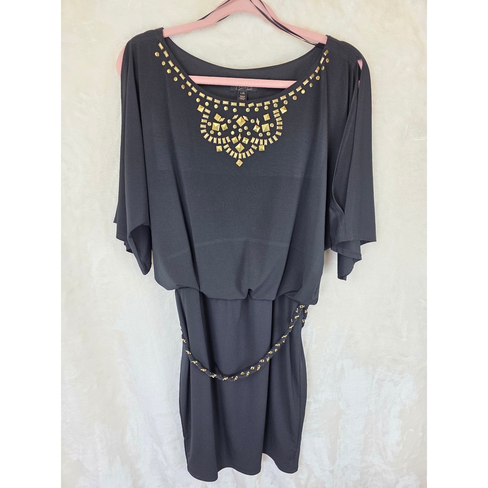 Thalia Sodi Womens Black Studded Neckline Mini Dress Gold Belt Flutter Sleeve L